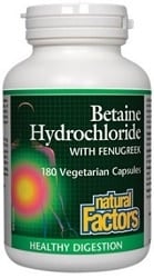 Natural Factors Betaine Hydrochloride with Fenugreek (180 Vegetarian Capsules)