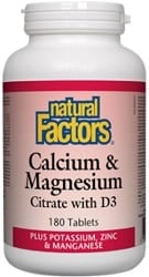 Natural Factors Calcium & Magnesium Citrate with D3 Plus Potassium, Zinc & Manganese (180 Tablets)