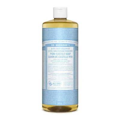 Dr. Bronner's 18-In-1 Pure-Castile Soap Baby Unscented 946mL label