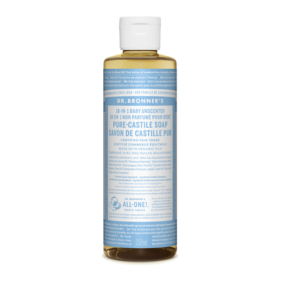 Dr. Bronner's 18-In-1 Pure-Castile Soap Liquid Baby Unscented 237mL label