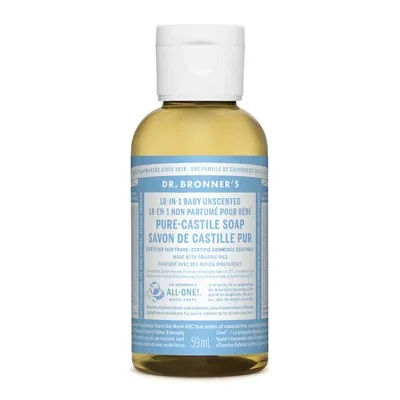 Dr. Bronner's 18-In-1 Pure-Castile Soap Baby Unscented 59mL label