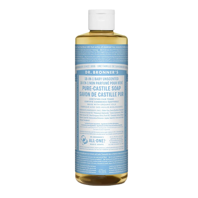 Dr. Bronner's 18-In-1 Pure-Castile Liquid Soap Baby Unscented 473mL label
