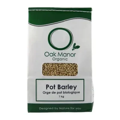 Oak Manor Organic Barley Pot 1kg label