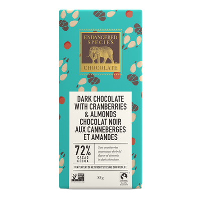 Endangered Species Dark Chocolate Cranberries & Almonds 85g label
