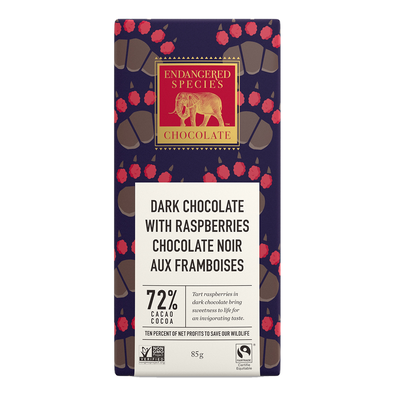 Endangered Species Dark Chocolate With Raspberries 85g label