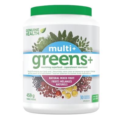 Genuine Health Greens+ Multi+ Mixed Fruit 459g label