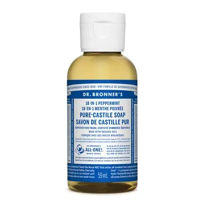 Dr. Bronner's 18-In-1 Pure-Castile Soap Peppermint 59mL label
