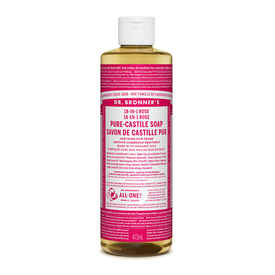 Dr. Bronner's 18-In-1 Pure-Castile Liquid Soap Rose 473mL label