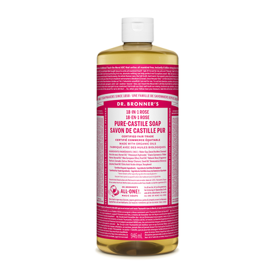 Dr. Bronner's 18-In-1 Pure-Castile Liquid Soap Rose 946mL label