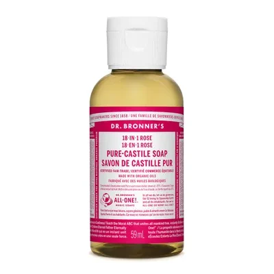 Dr. Bronner's 18-In-1 Pure-Castile Soap Rose 59mL label