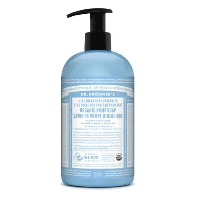 Dr. Bronner's 4-In-1 Organic Pump Soap Sugar Baby Unscented 710mL label